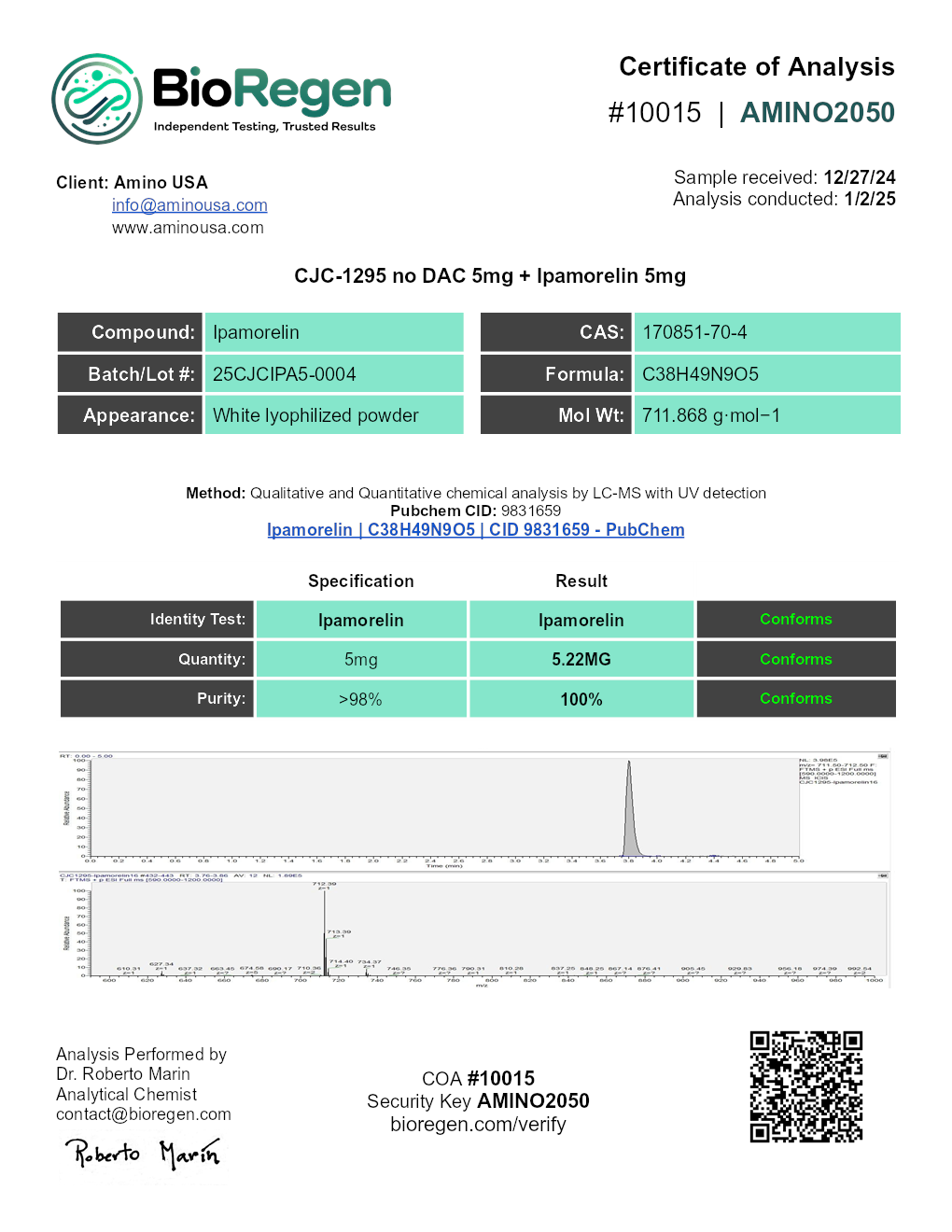 Certificate of Analysis for compound Ipamorelin, lot 25CJCIPA5-0004, and analysis date 1/2/25