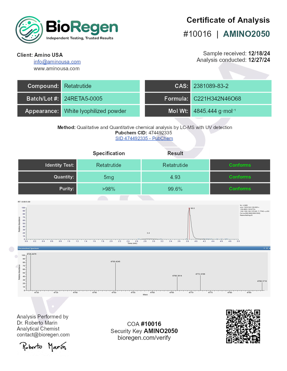 Certificate of Analysis for 24RETA5-0005