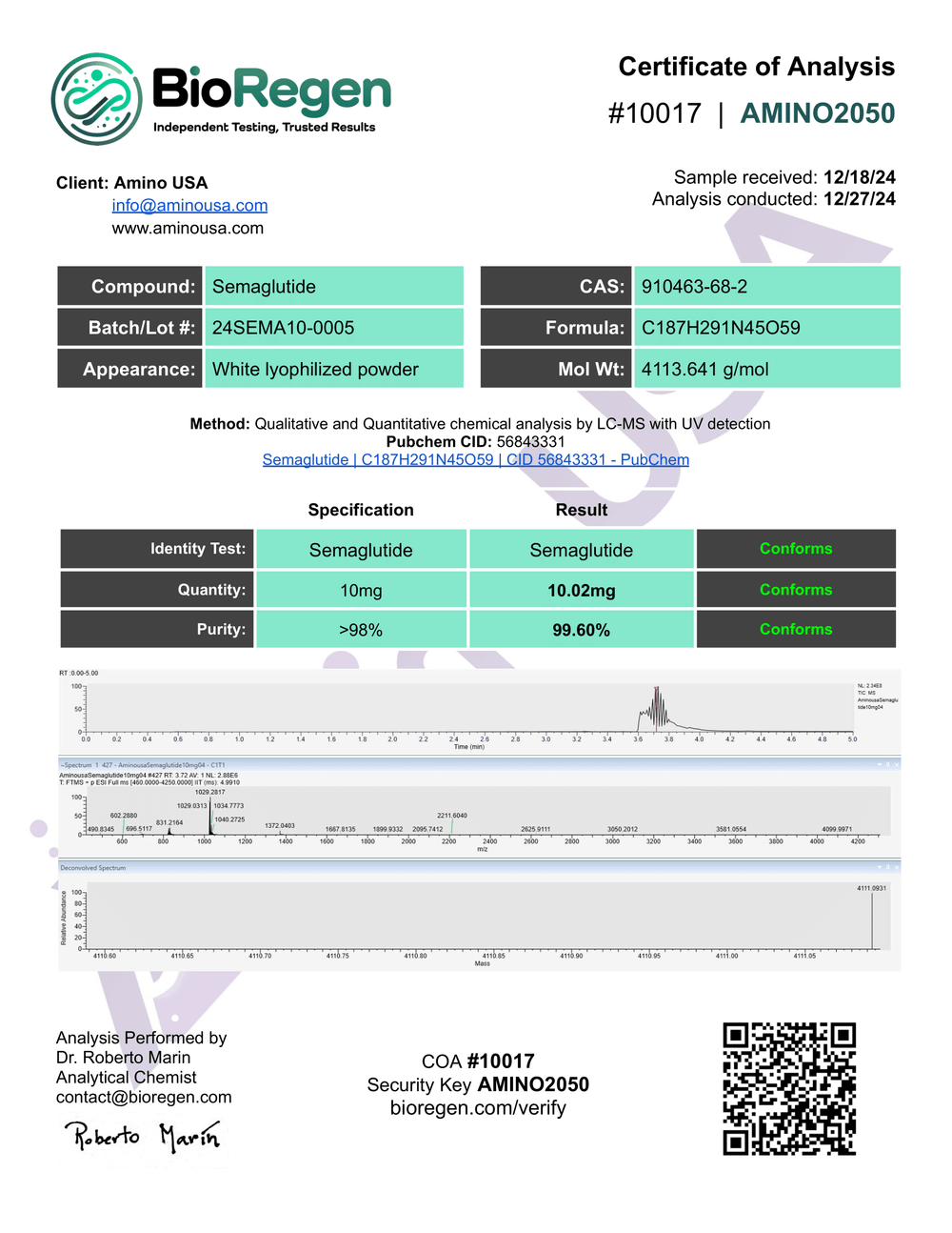 Certificate of Analysis for 24SEMA10-0005