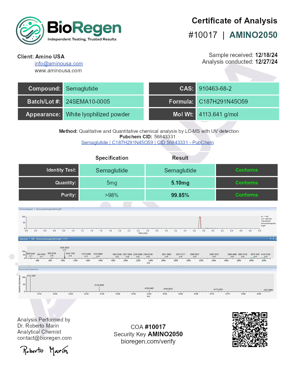 Certificate of Analysis for compound Semaglutide, lot 24SEMA10-0005, and analysis date 12/27/24