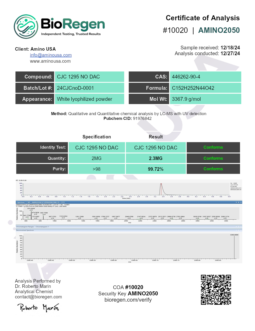 Certificate of Analysis for compound CJC 1295 NO DAC, lot 24CJCnoD-0001, and analysis date 12/27/24