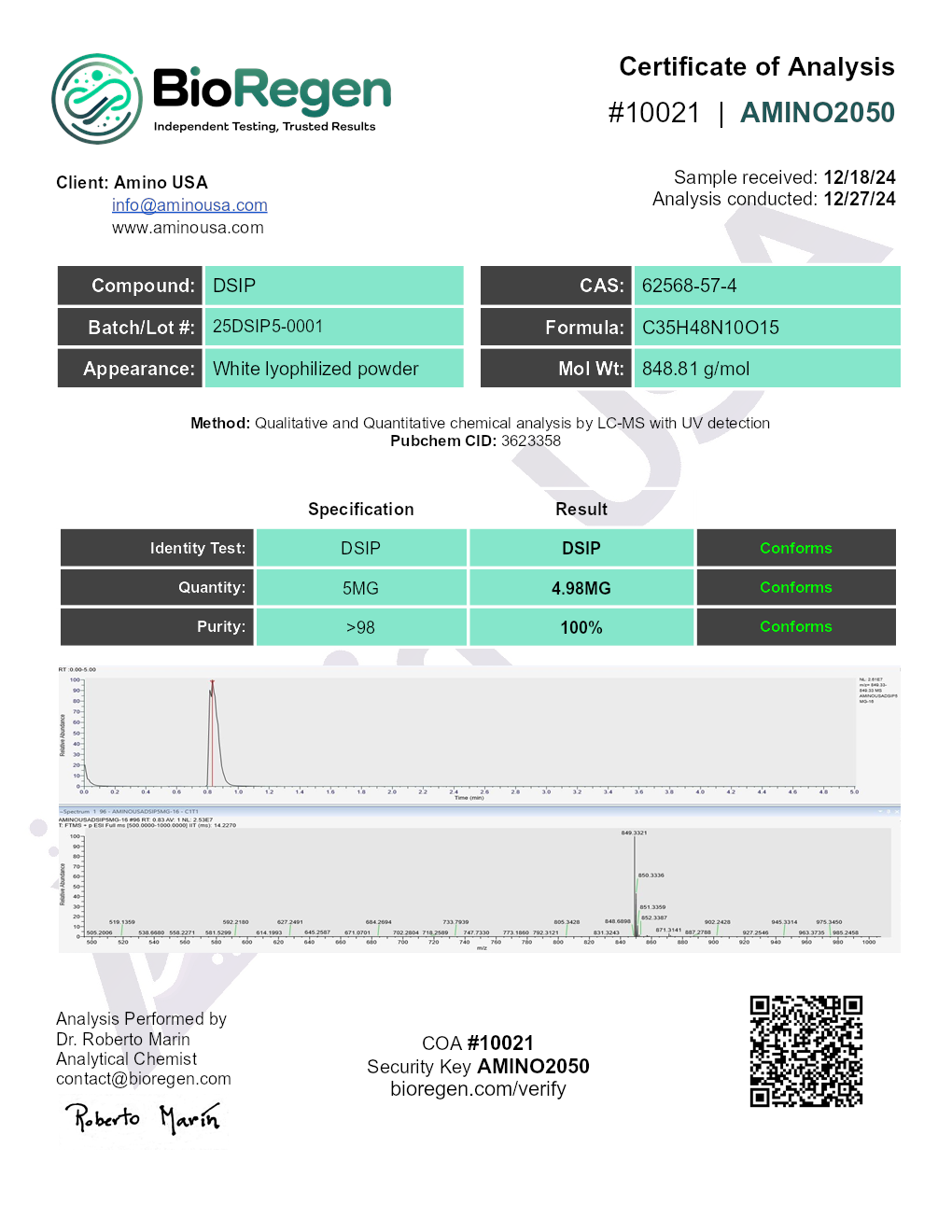 Certificate of Analysis for compound DSIP, lot 25DSIP5-0001, and analysis date 12/27/24