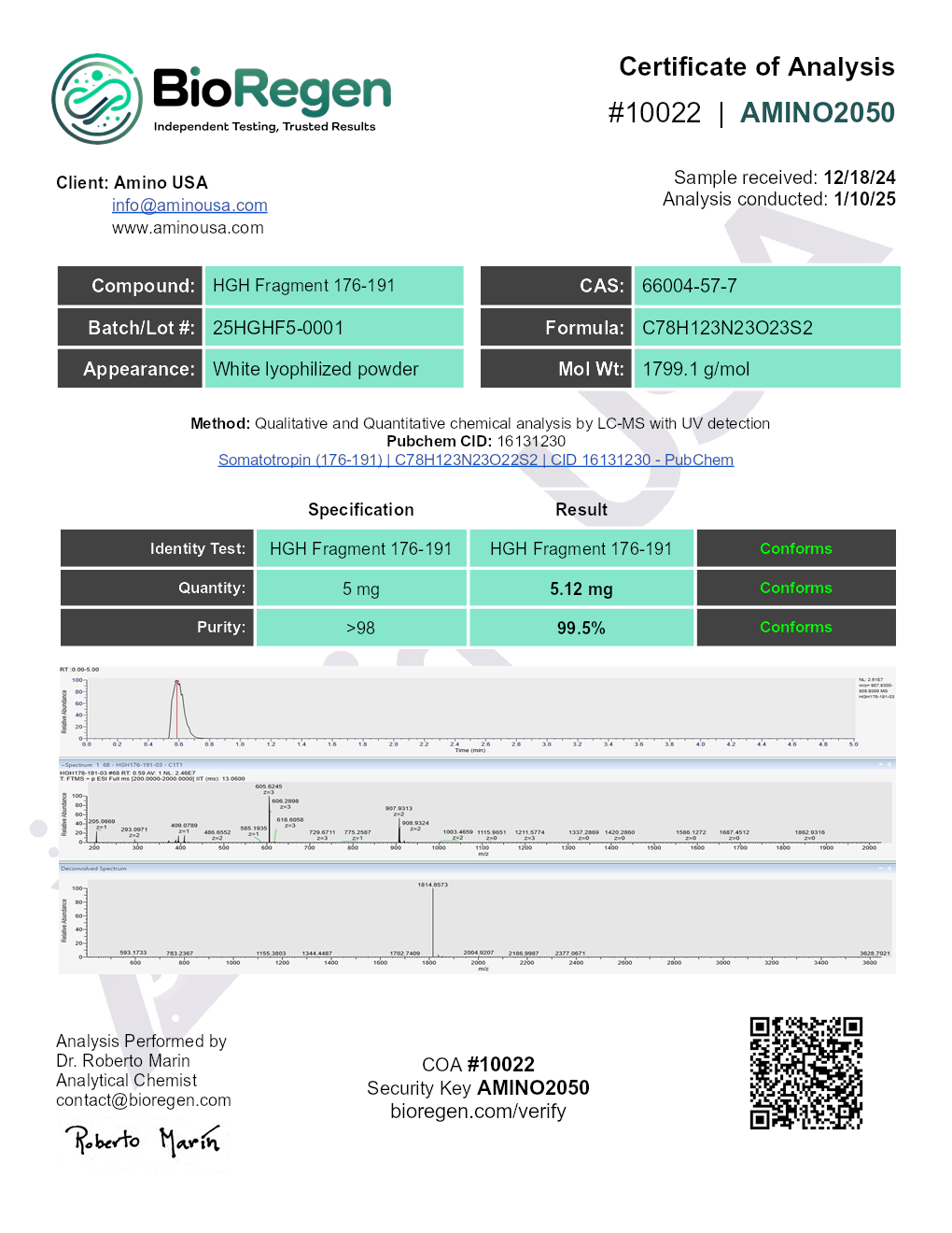 Certificate of Analysis for compound HGH Fragment 176-191, lot 25HGHF5-0001, and analysis date 1/10/25