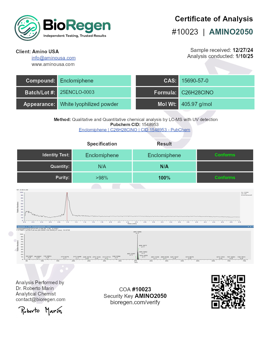 Certificate of Analysis for compound Enclomiphene, lot 25ENCLO-0003, and analysis date 1/10/25