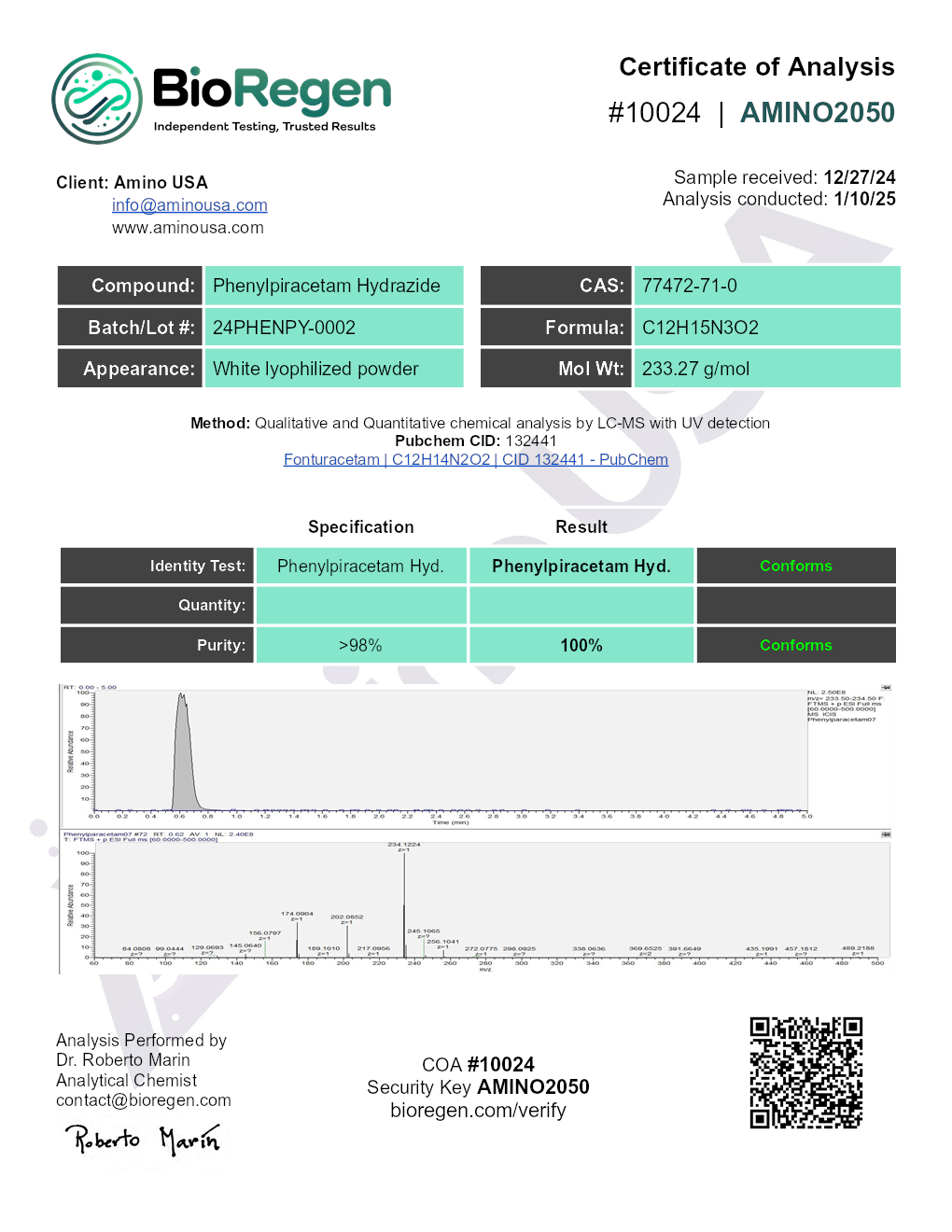 Certificate of Analysis for compound Phenylpiracetam Hydrazide, lot 24PHENPY-0002, and analysis date 1/10/25