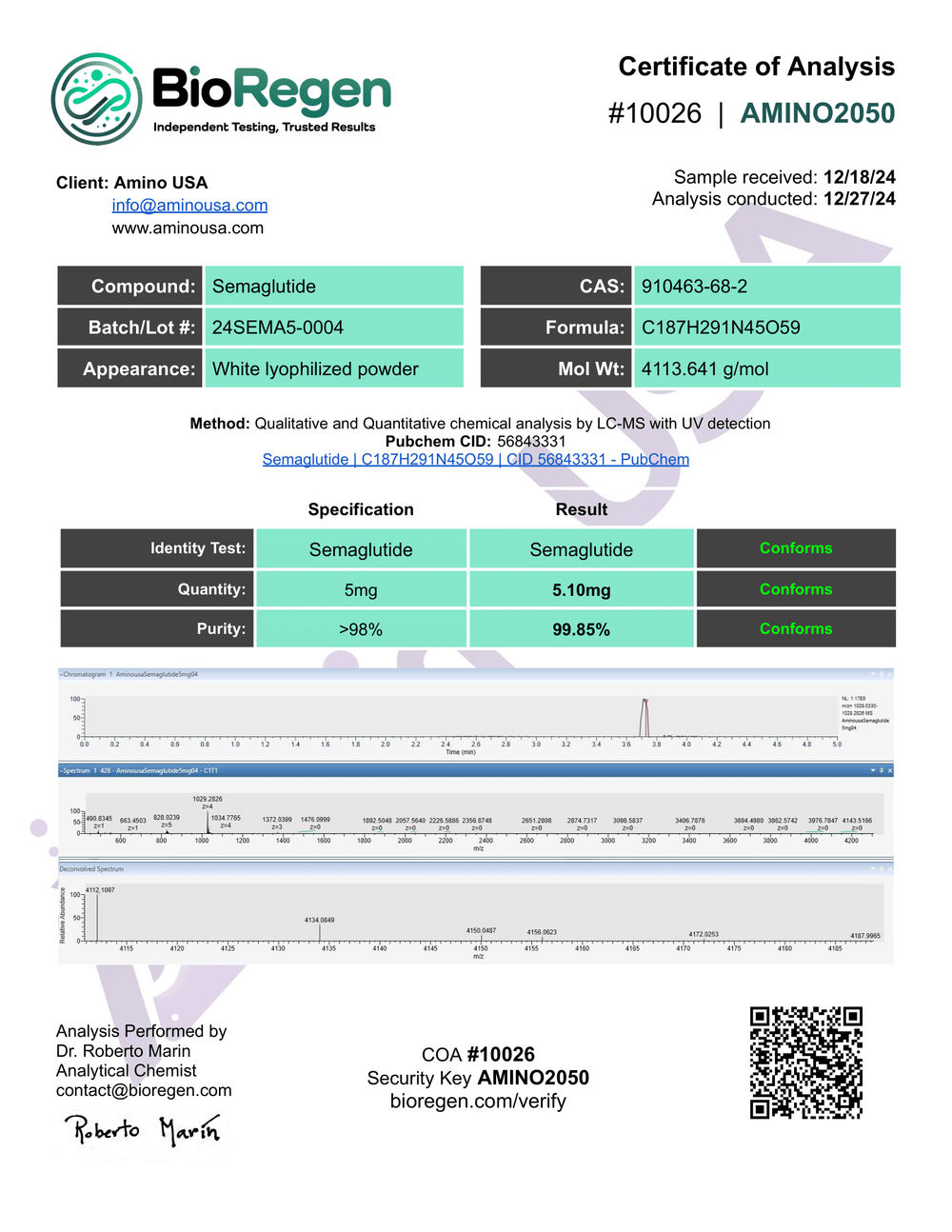 Certificate of Analysis for 24SEMA5-0004