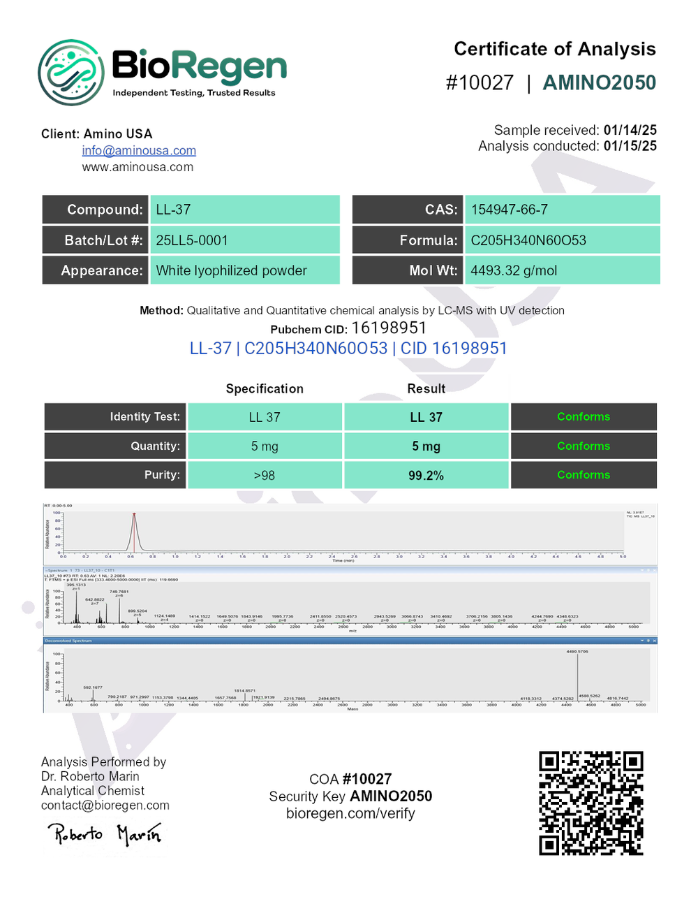 Certificate of Analysis for 25LL5-0001