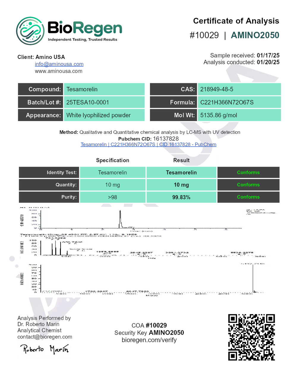 Certificate of Analysis for 25TESA10-0001