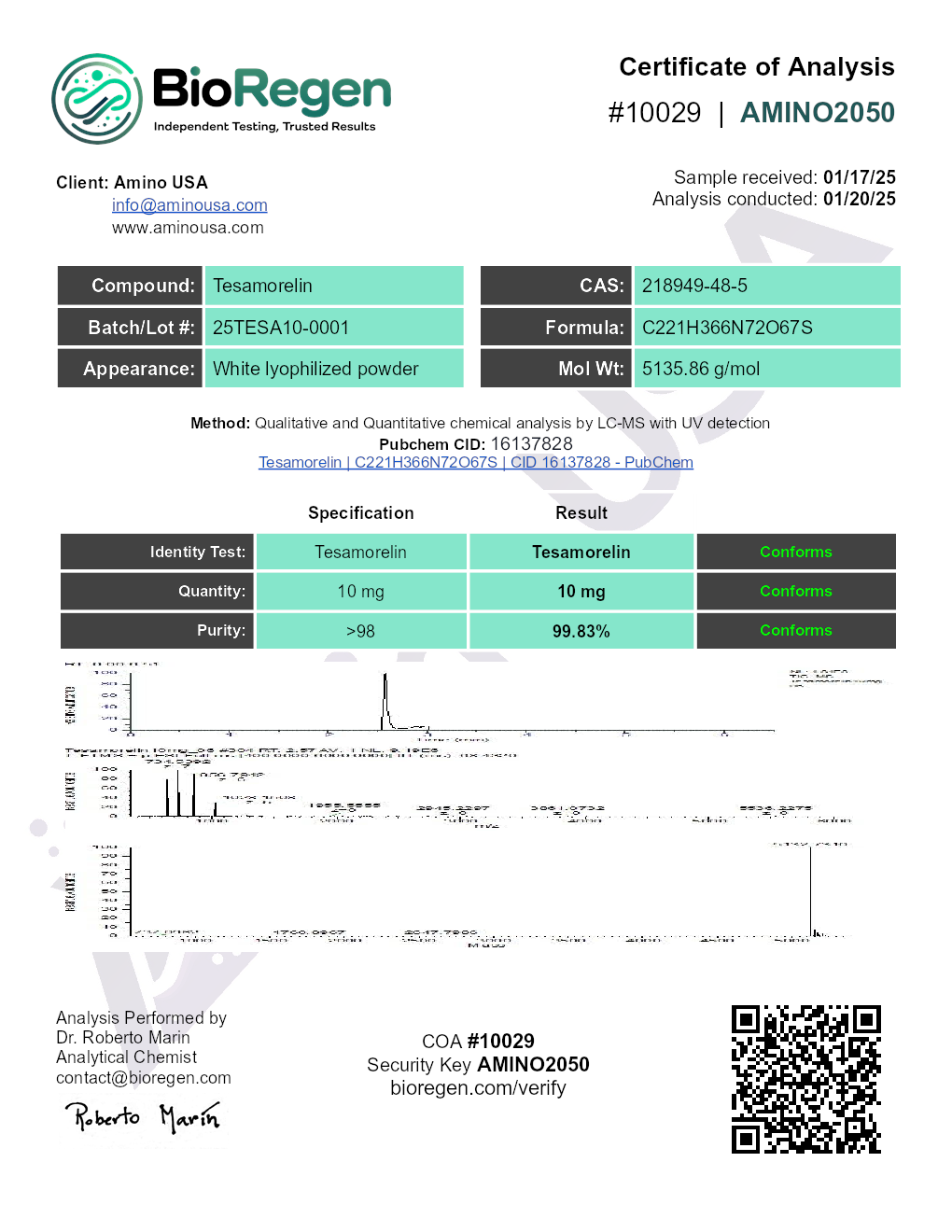 Certificate of Analysis for compound Tesamorelin, lot 25TESA10-0001, and analysis date 01/20/25