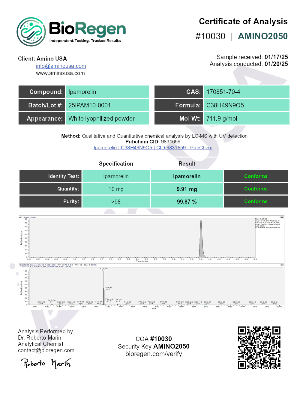 Certificate of Analysis for compound Ipamorelin, lot 25IPAM10-0001, and analysis date 01/20/25