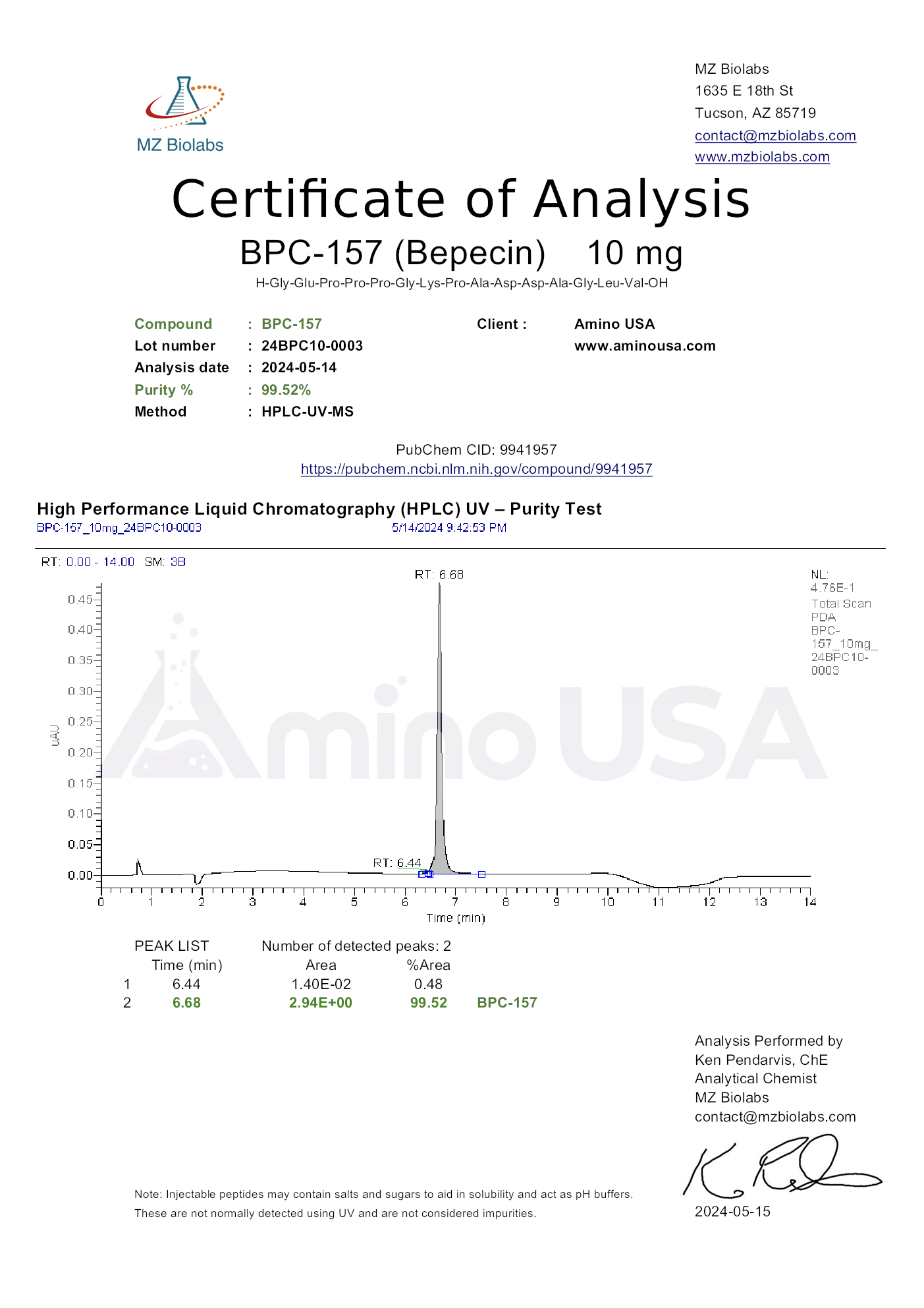 Certificate of Analysis for compound BPC-157, lot 24BPC10-0003, and analysis date 2024-05-14