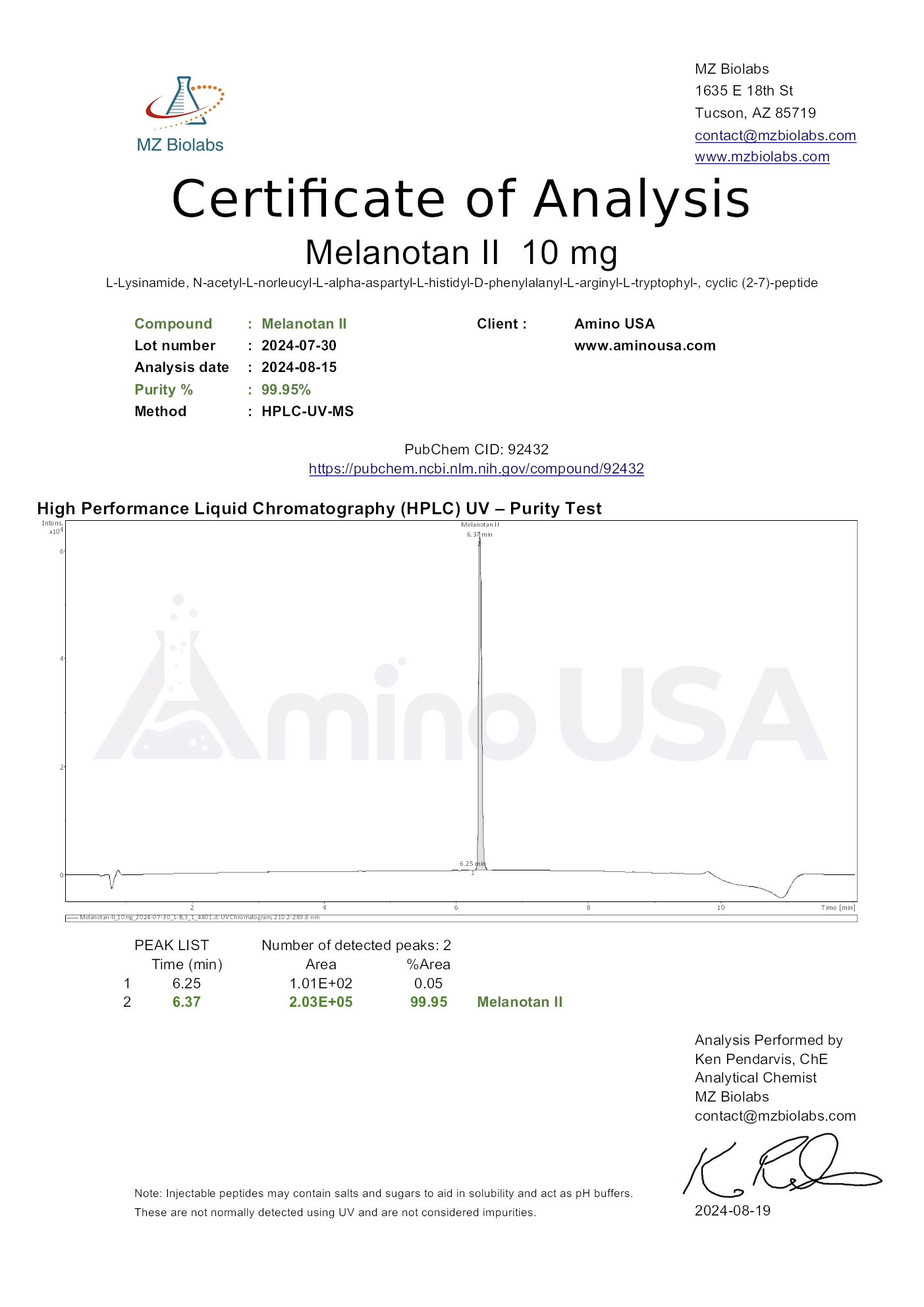 Certificate of Analysis for compound Melanotan II, lot 2024-07-30, and analysis date 2024-08-15