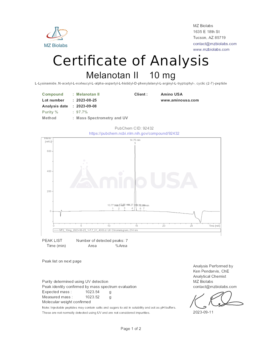 Certificate of Analysis for compound Melanotan II, lot 2023-08-25, and analysis date 2023-09-08