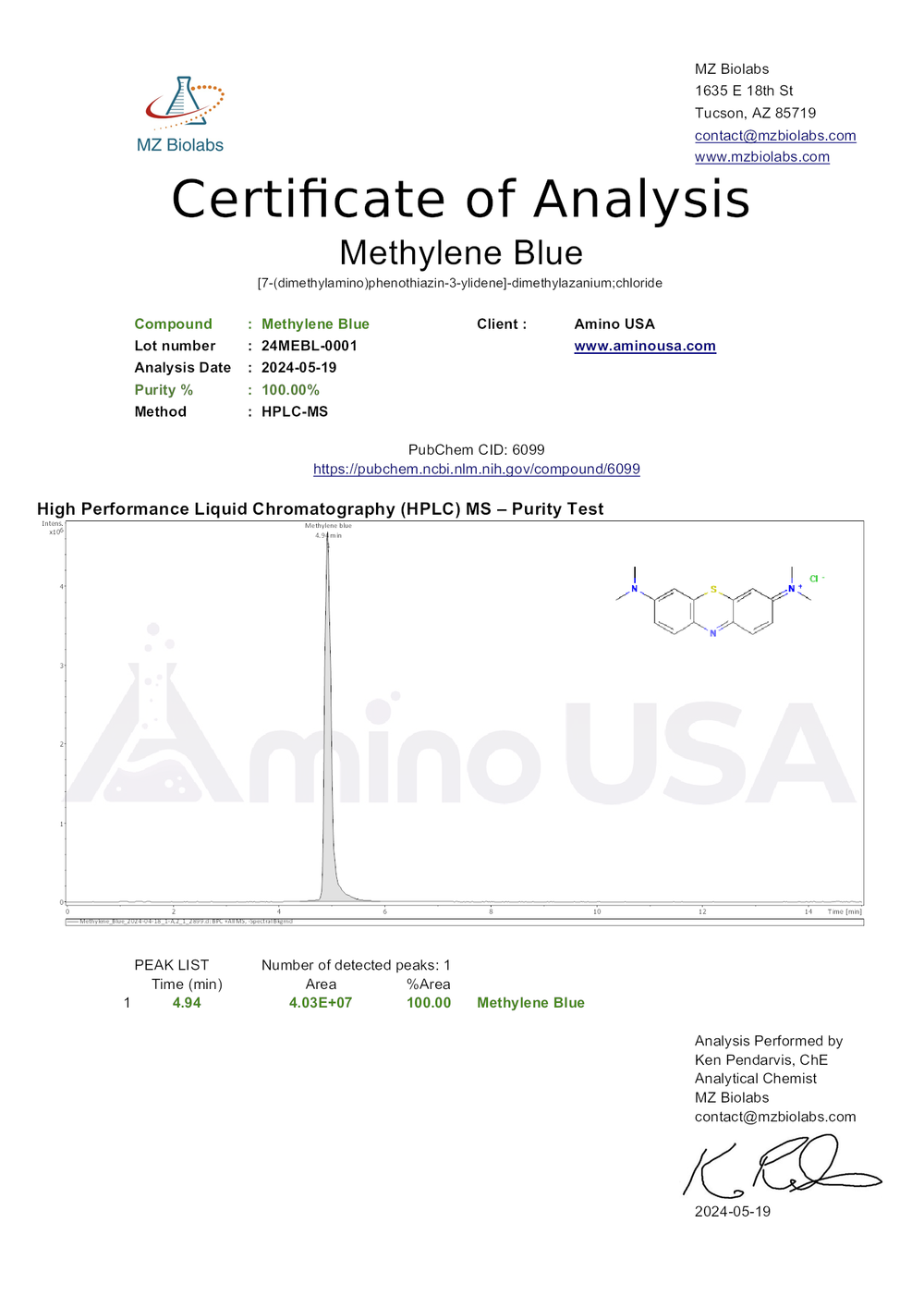 Certificate of Analysis for 24MEBL-0001