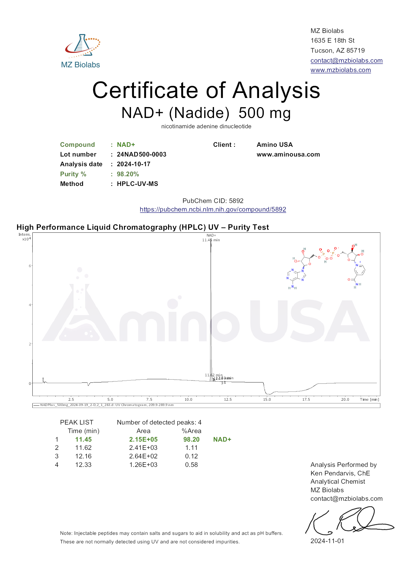 Certificate of Analysis for compound undefined, lot 24NAD500-0003, and analysis date 2024-10-17