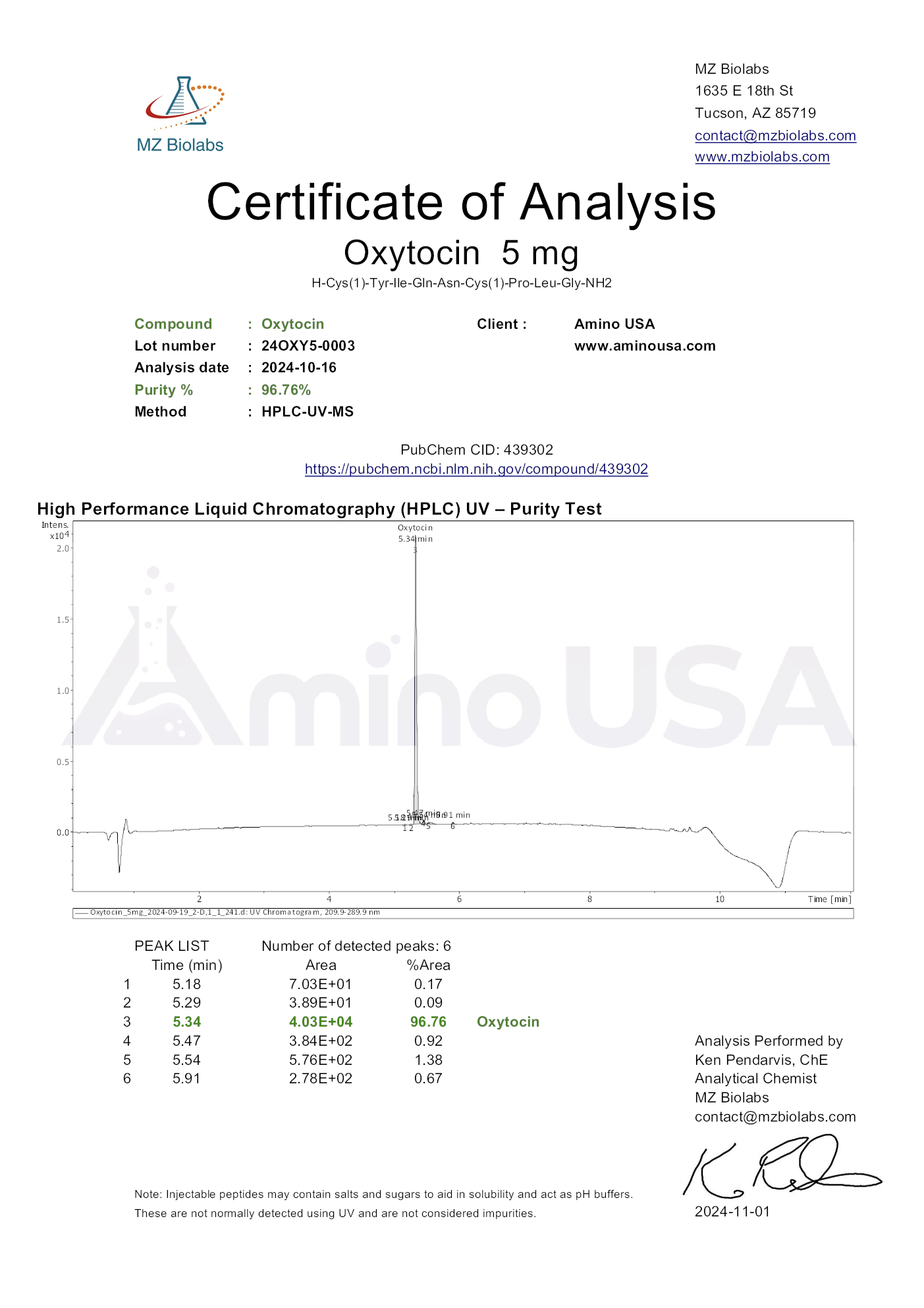 Certificate of Analysis for compound Oxytocin, lot 24OXY5-0003, and analysis date 2024-10-16