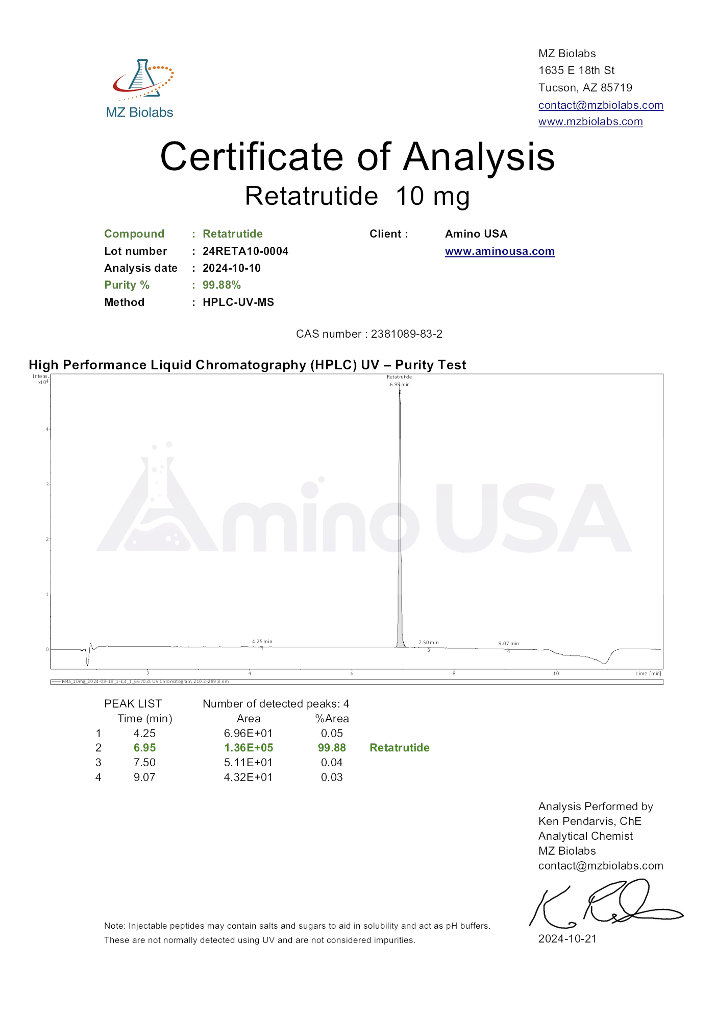 Certificate of Analysis for compound Retatrutide, lot 24RETA10-0004, and analysis date 2024-10-10