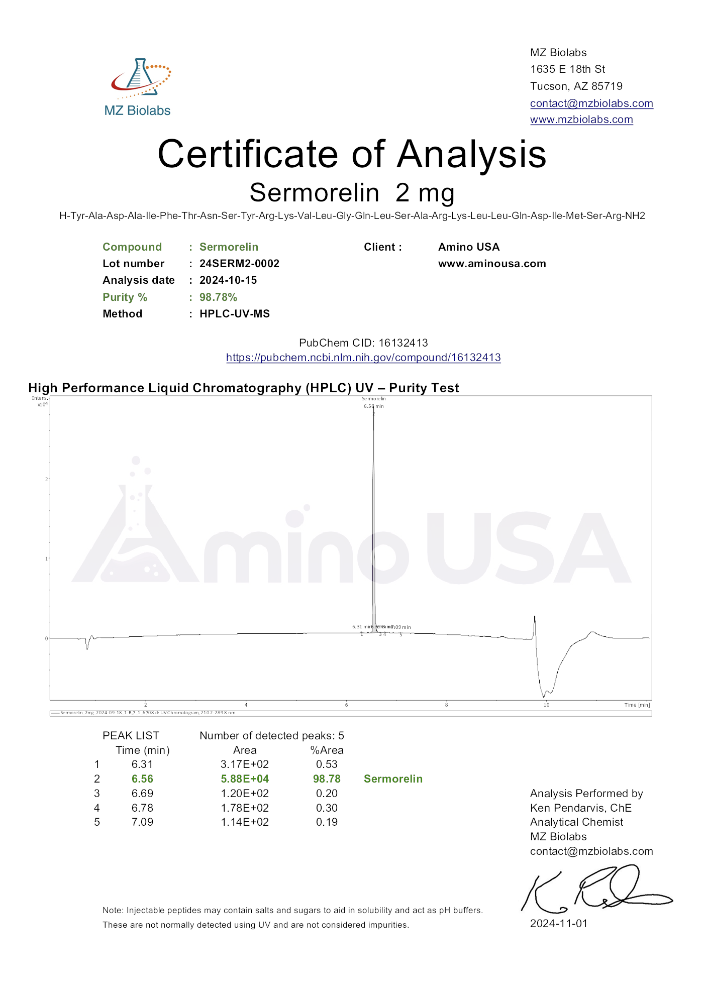 Certificate of Analysis for compound Sermorelin, lot 24SERM2-0002, and analysis date 2024-10-15