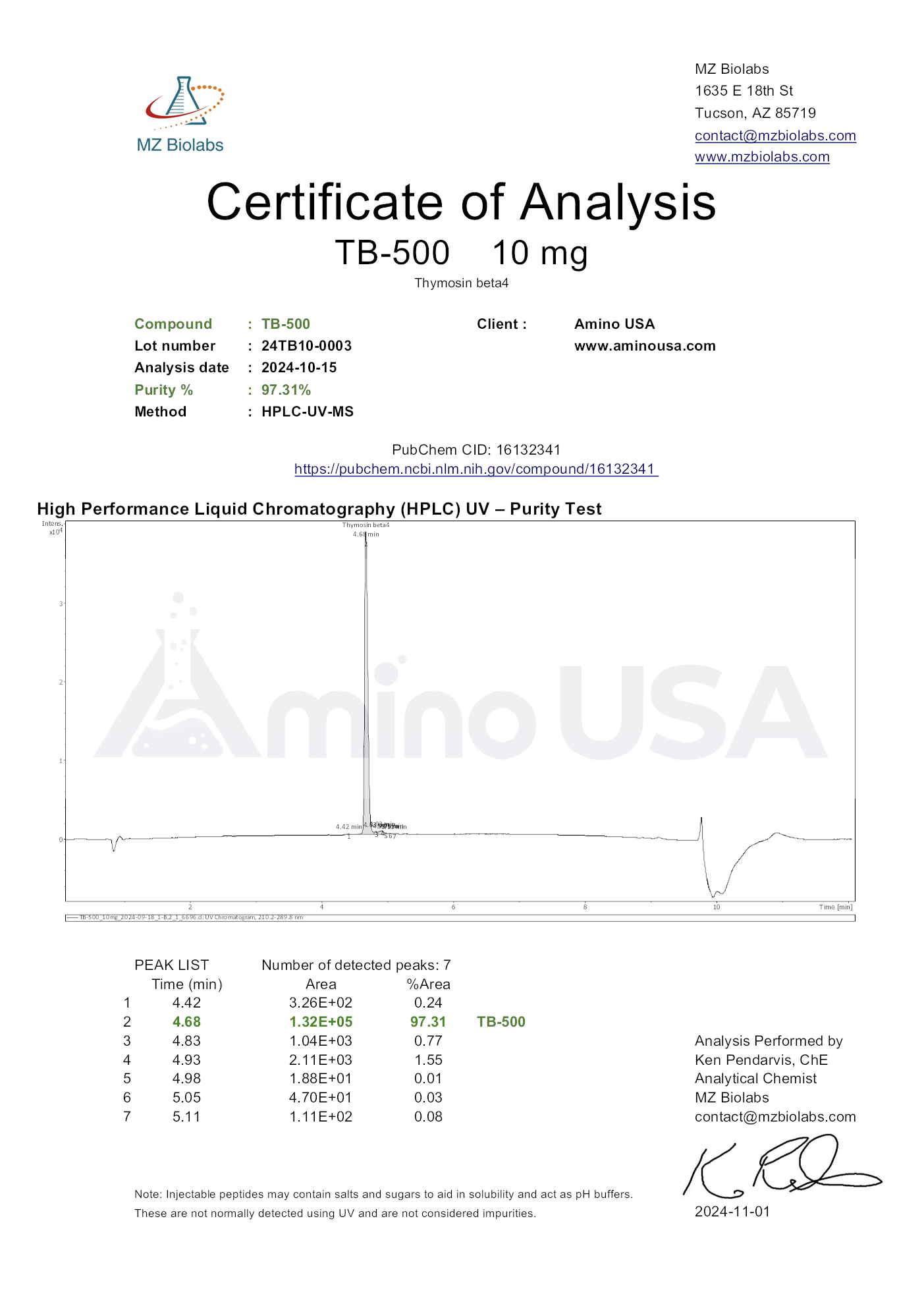 Certificate of Analysis for compound TB-500, lot 24TB10-0003, and analysis date 2024-10-15