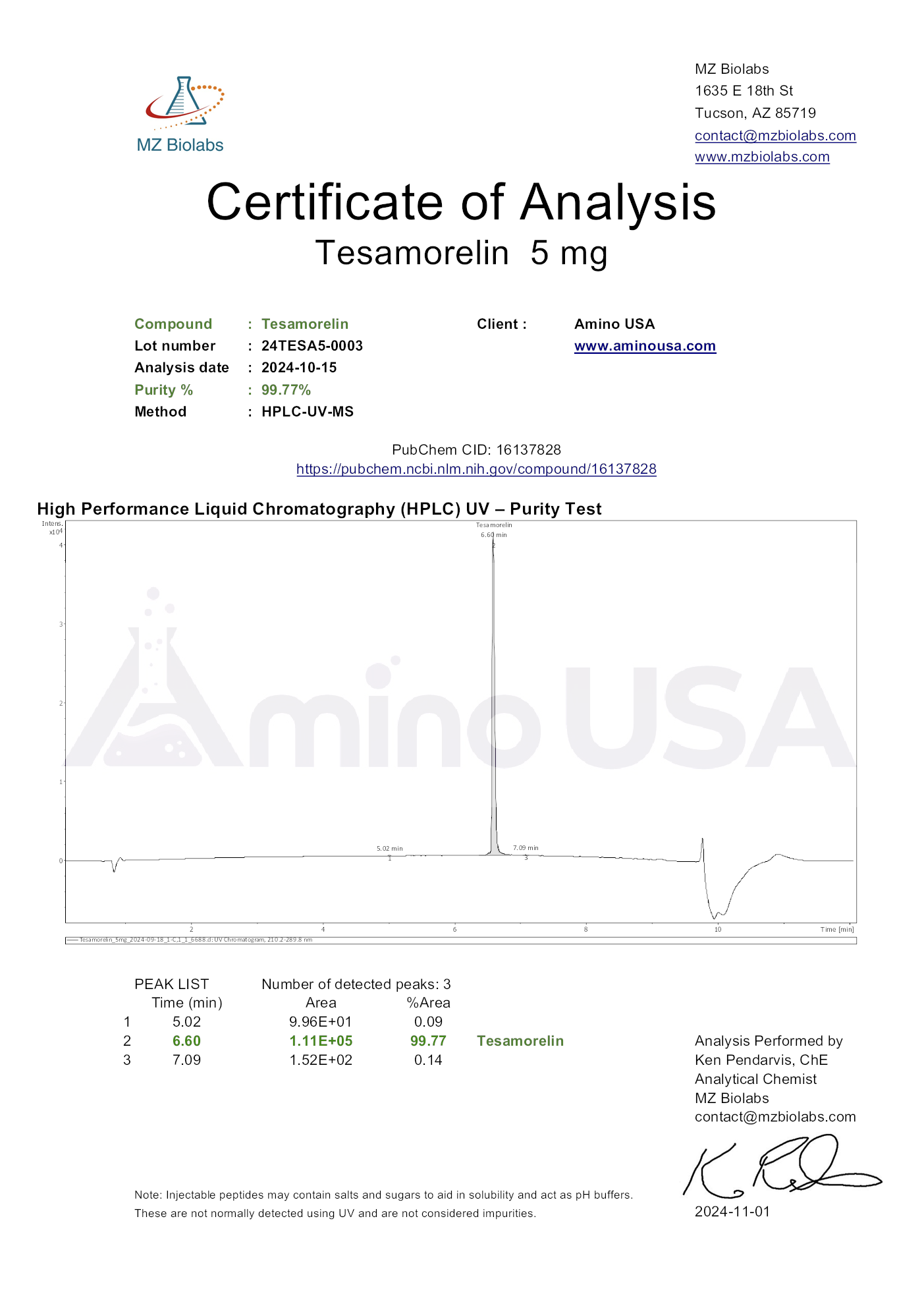 Certificate of Analysis for compound Tesamorelin, lot 24TESA5-0003, and analysis date 2024-10-15