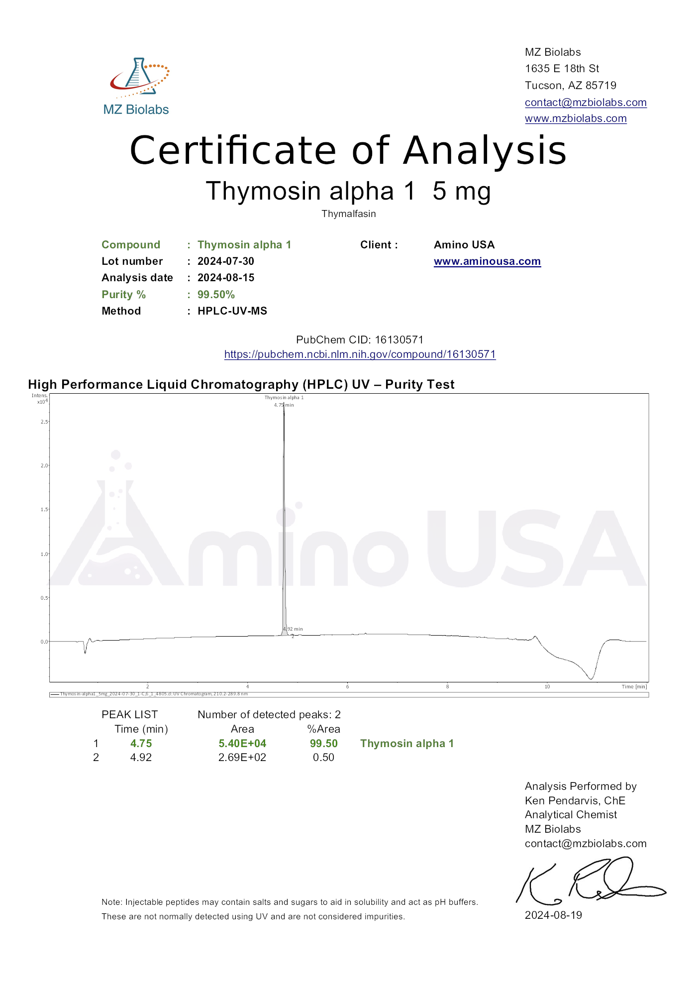 Certificate of Analysis for compound Thymosin alpha 1, lot 2024-07-30, and analysis date 2024-08-15