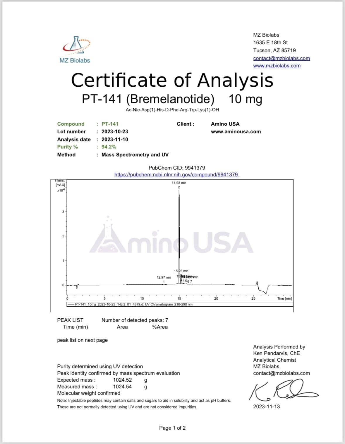 Amino USA Peptides PT-141 10mg PEP-00016