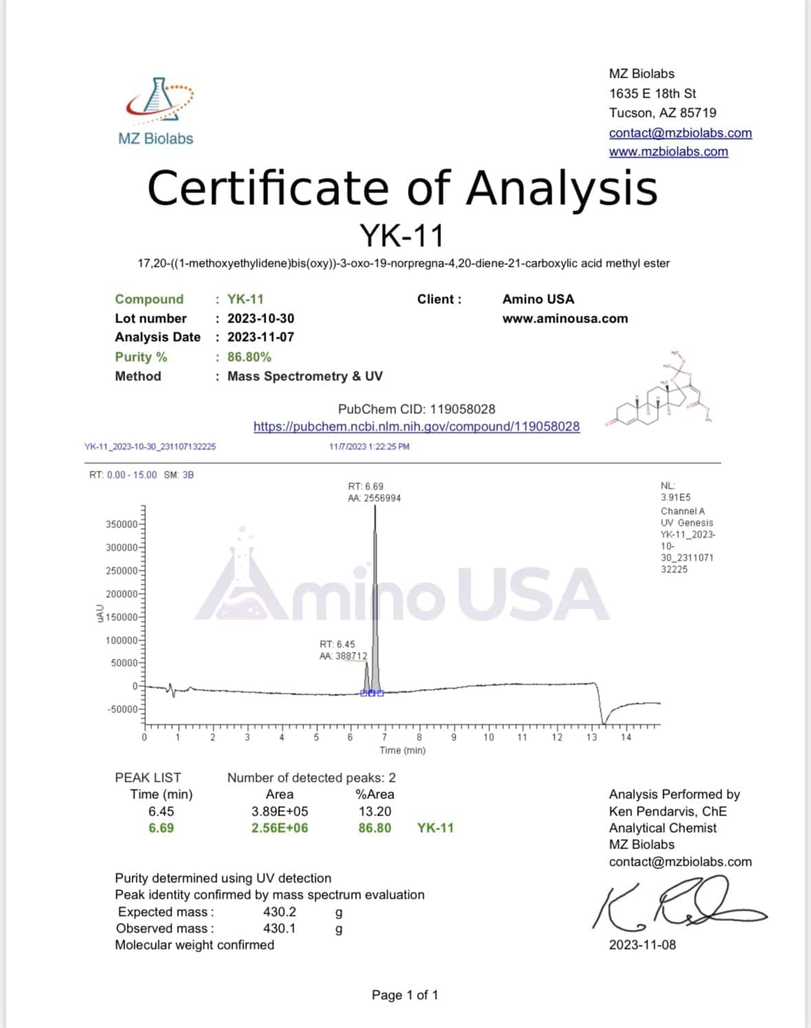 Amino USA SARMs 30ML - 10mg/mL YK-11 Solution 300mg SARM-00042