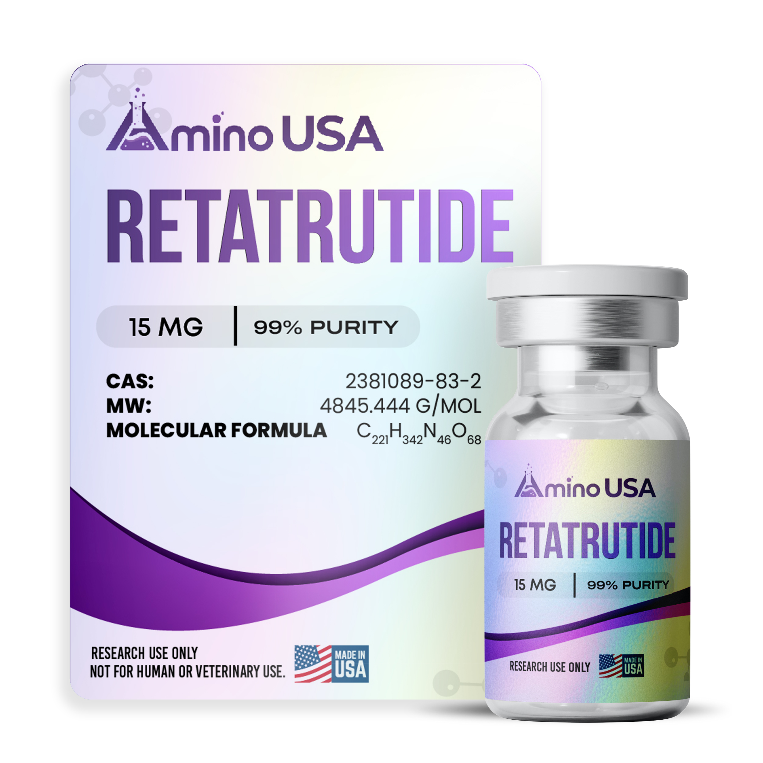 Retatrutide 15mg CARD Amino USA research peptide Retatrutide 15mg in glass vial with product specifications card